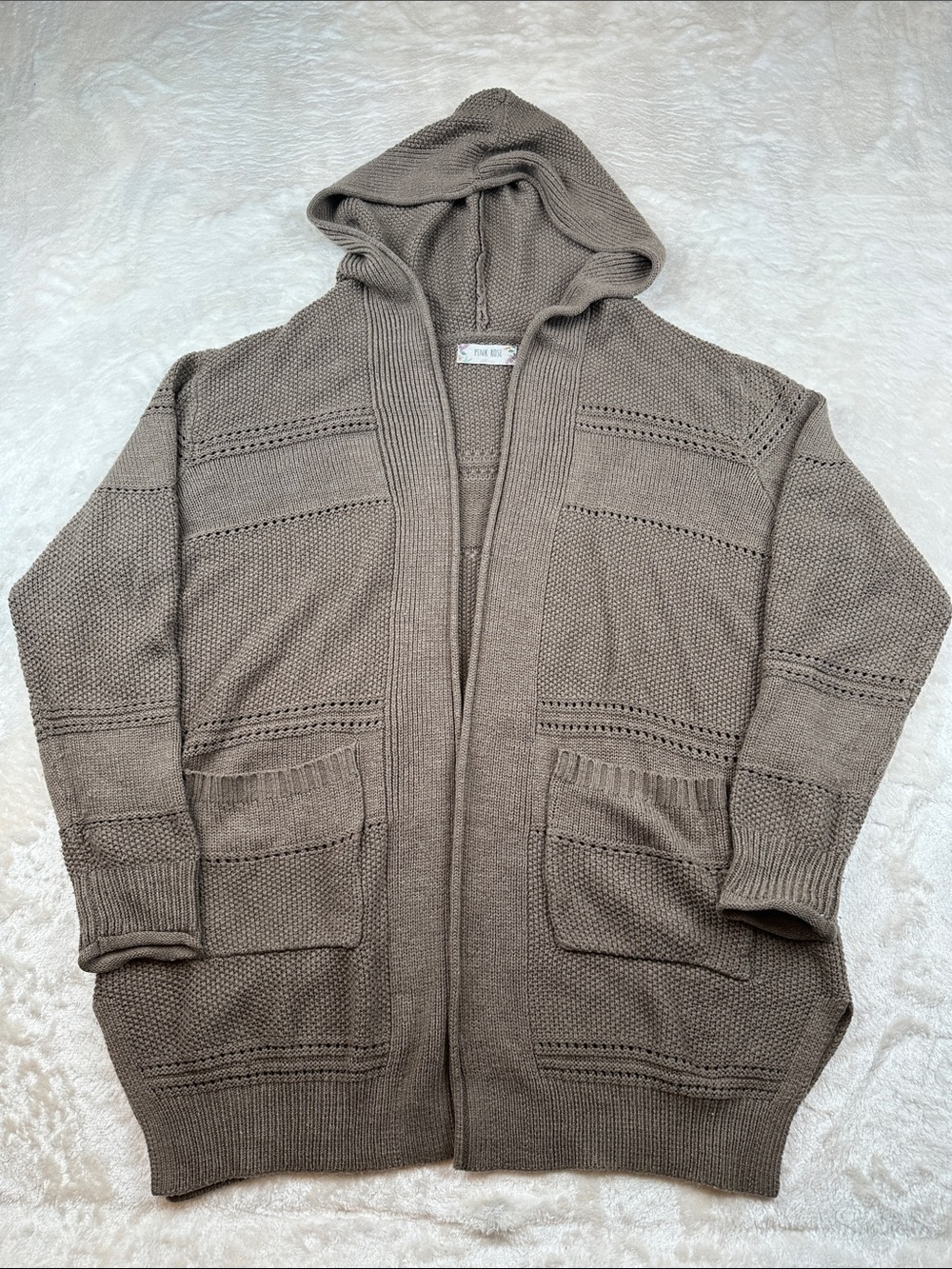 Pink Rose Size M Taupe Hooded Open-Front Knit Cardigan | Casual | Comfort